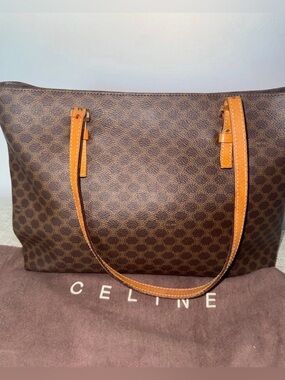 Celine Macadam Brown Monogram Tote Bag Tan Leather Trim, Gold Hardware, Dust Bag